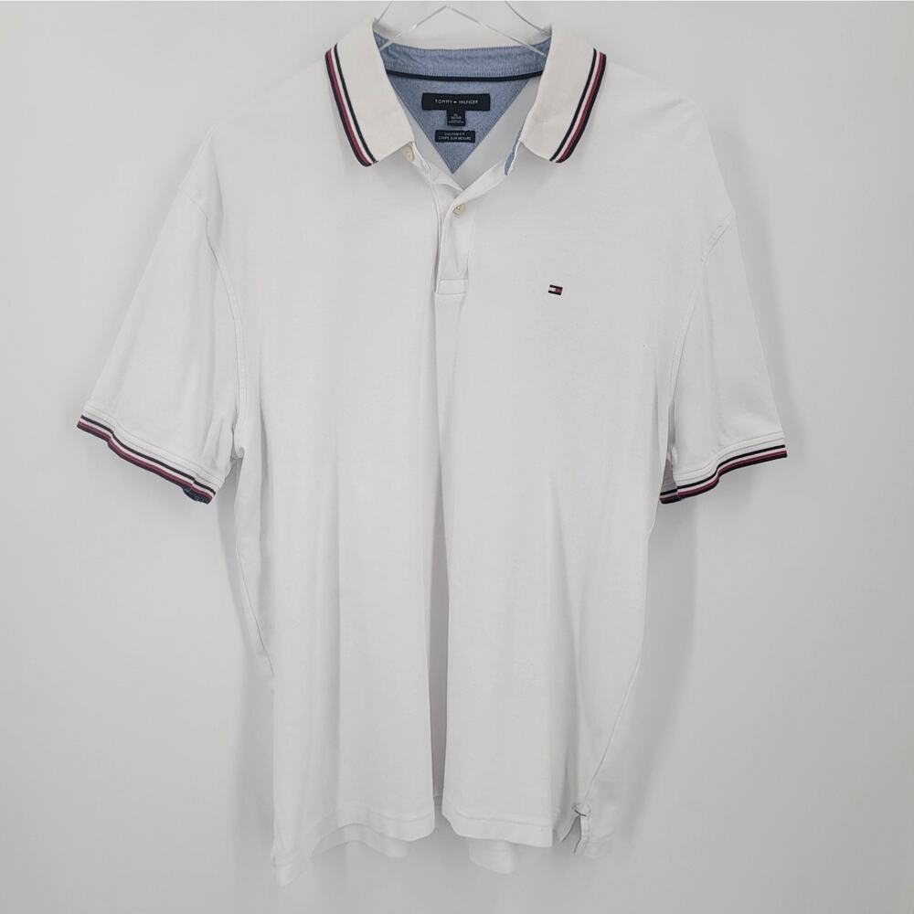 Tommy Hilfiger Polo Shirt Mens XL Custom Fit White Red Blue Stripe Trim